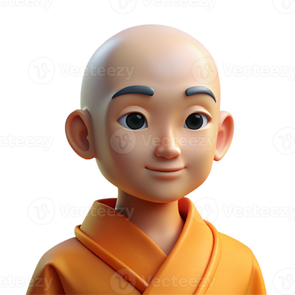 serene traditional dramatic artistic Portrait of a serene monk with a shaved head and peaceful expression, wearing orange robes. Soft, natural lighting. Spiritual style high resolution original png