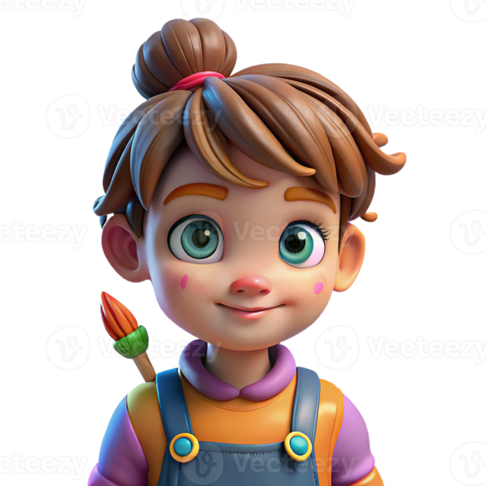 dramatic rustic impressive artistic Portrait of a curious child with wide eyes and a messy bun, wearing paint-splattered overalls and holding a paintbrush. Bright, colorful lighting.... png