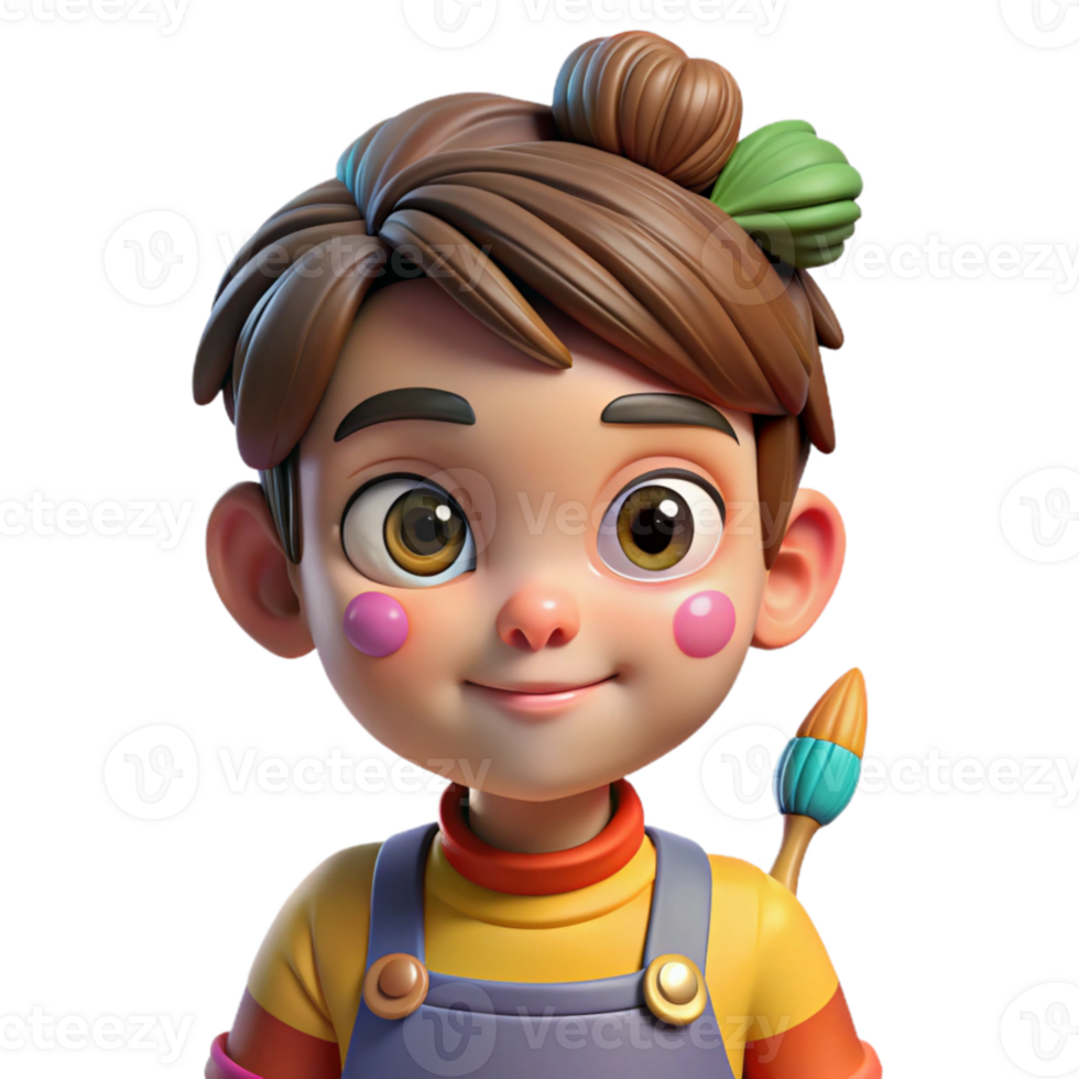 extraordinary creative magnificent rustic Portrait of a curious child with wide eyes and a messy bun, wearing paint-splattered overalls and holding a paintbrush. Bright, colorful lighting.... png