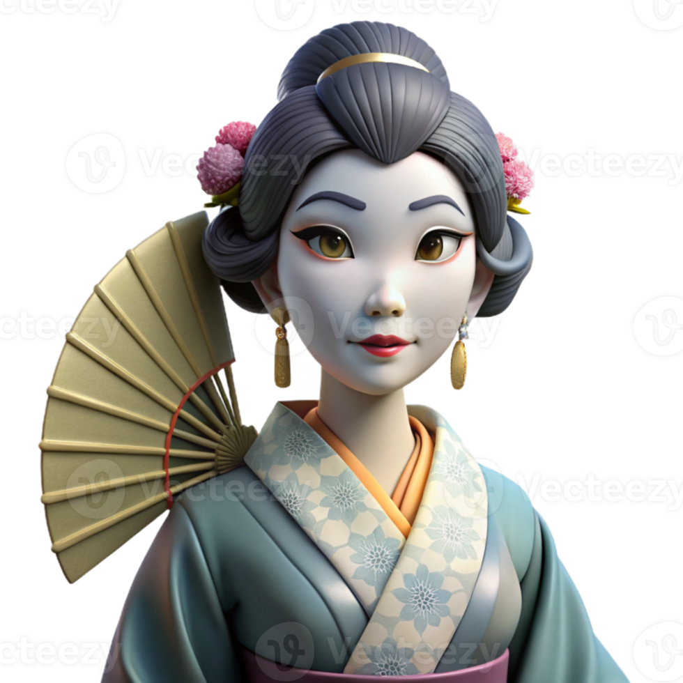 extraordinary rustic stunning abstract Portrait of a graceful geisha with elaborate makeup and a traditional kimono, holding a fan. Soft, diffused lighting. Japanese art style 4K high quality png