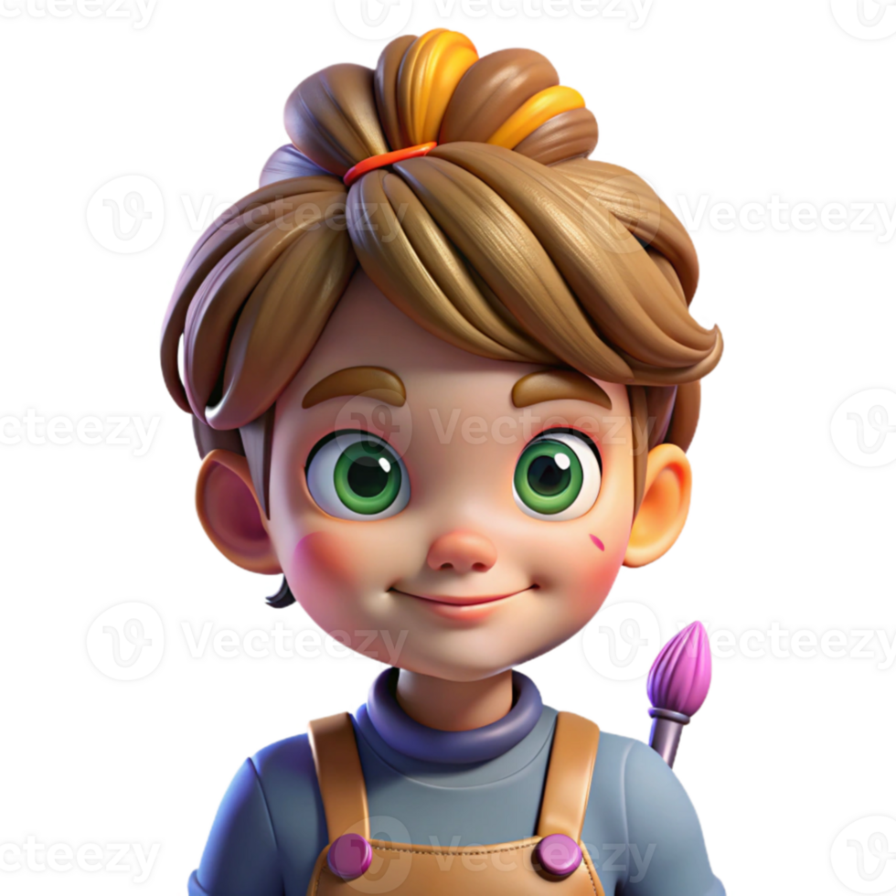 stunning creative magnificent rustic Portrait of a curious child with wide eyes and a messy bun, wearing paint-splattered overalls and holding a paintbrush. Bright, colorful lighting.... png