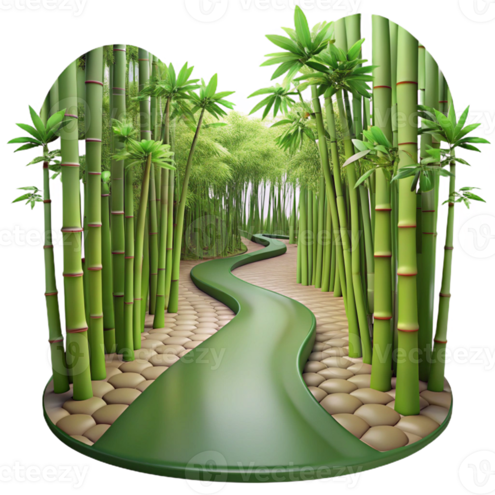 impressive rustic elegant minimalist A winding path through a lush, green bamboo forest, dappled with sunlight filtering through the leaves, in a serene, Japanese woodblock print style premium 4K png