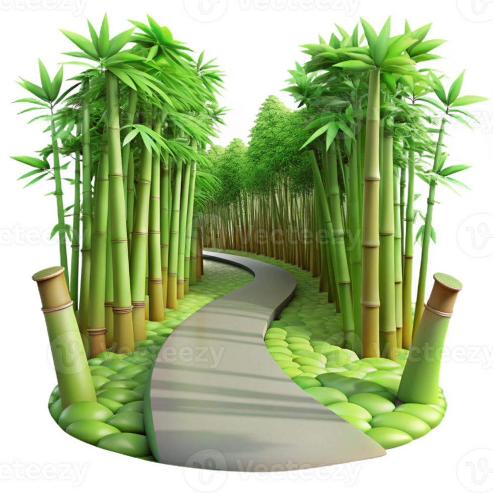 beautiful contemporary elegant classic A winding path through a lush, green bamboo forest, dappled with sunlight filtering through the leaves, in a serene, Japanese woodblock print style authentic... png