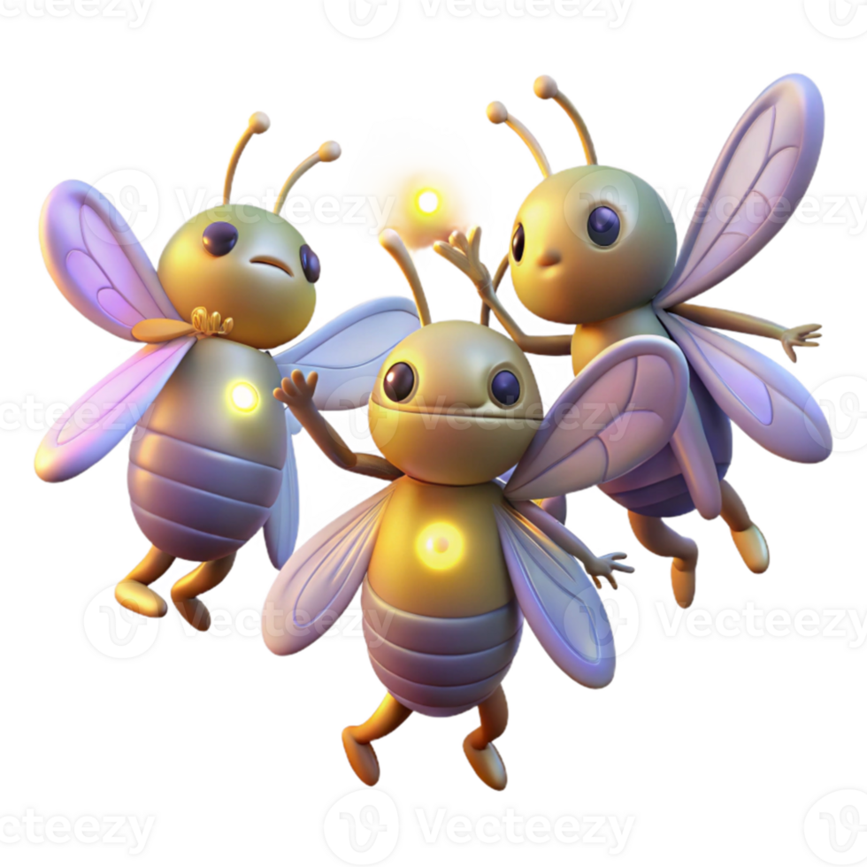 wonderful modern magnificent artistic A group of fireflies dancing in the twilight, with soft, glowing bioluminescent light, in a whimsical, fairytale illustration style 4K authentic png