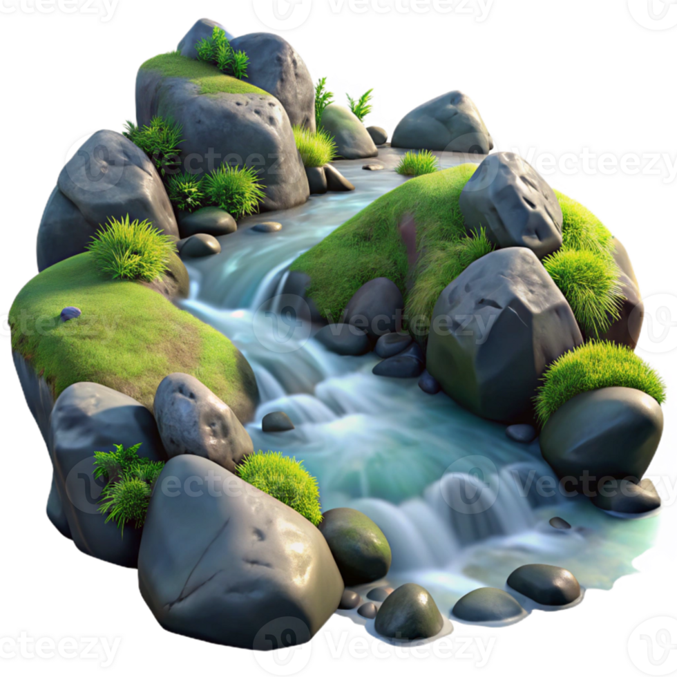 serene modern wonderful traditional A crystal-clear mountain stream flowing over smooth, moss-covered rocks, illuminated by dappled sunlight, in a realistic, nature documentary style professional 4K png