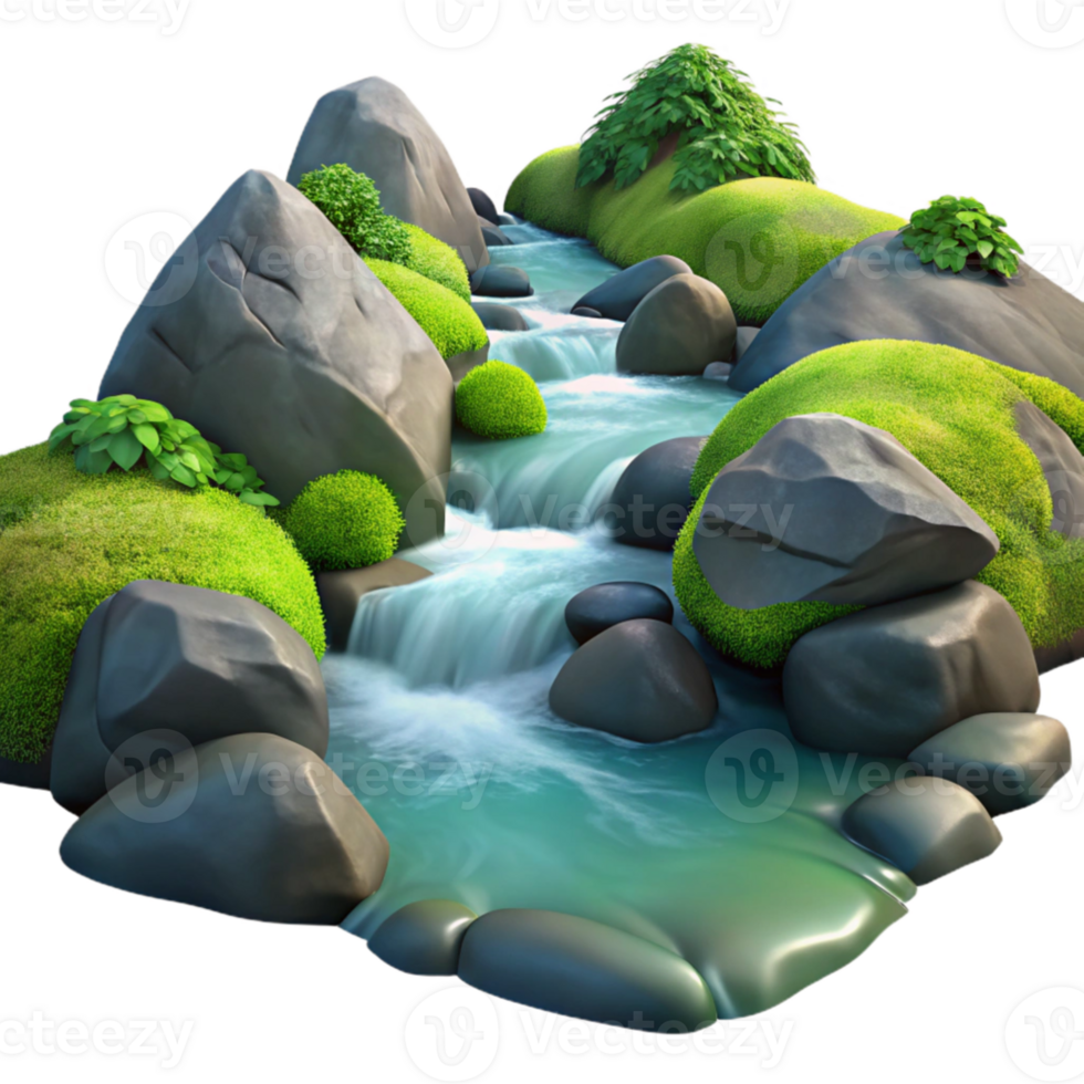 elegant classic magnificent minimalist A crystal-clear mountain stream flowing over smooth, moss-covered rocks, illuminated by dappled sunlight, in a realistic, nature documentary style high... png
