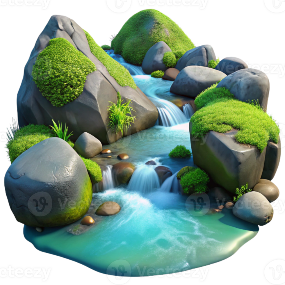 wonderful classic elegant contemporary A crystal-clear mountain stream flowing over smooth, moss-covered rocks, illuminated by dappled sunlight, in a realistic, nature documentary style detailed... png