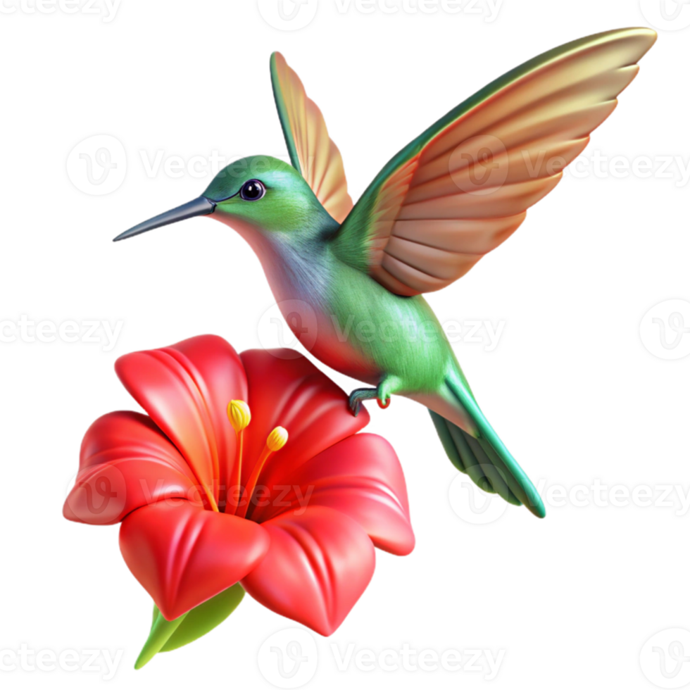 dramatic rustic beautiful abstract A hummingbird hovering in mid-air, sipping nectar from a bright red flower, illuminated by warm, diffused sunlight, in a hyperrealistic, wildlife photography... png