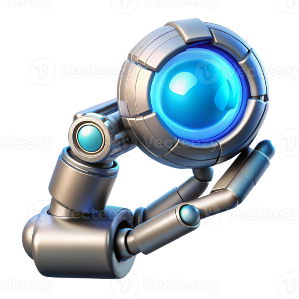 vibrant creative beautiful minimalist A chrome robotic arm delicately holding a glowing orb of data, intricate circuitry visible beneath its polished surface, lit by soft blue neon light,... png