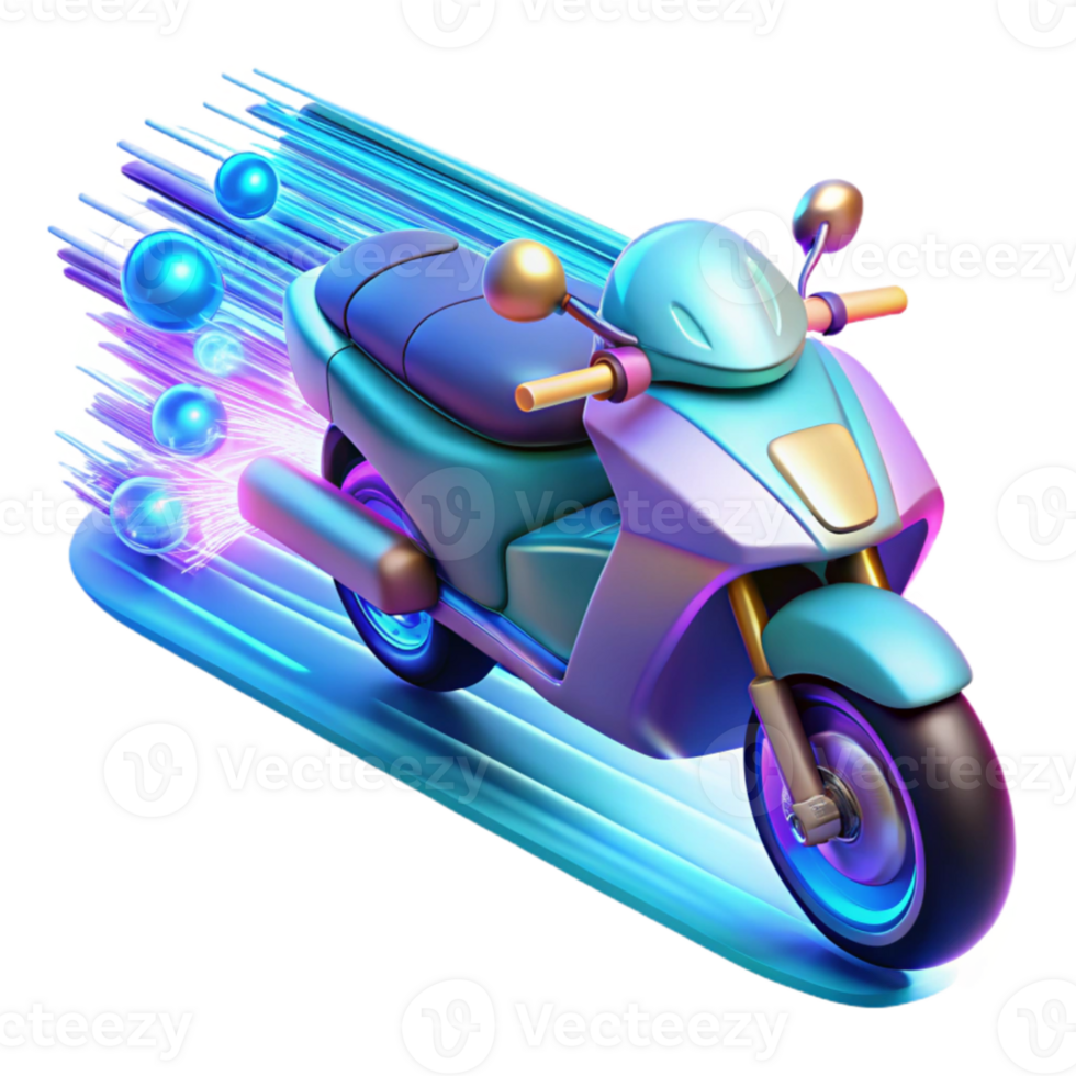 serene modern extraordinary rustic A futuristic motorbike speeding through a digital landscape, trails of light and data streaming behind it, vibrant neon colors, cyberpunk style exclusive original png