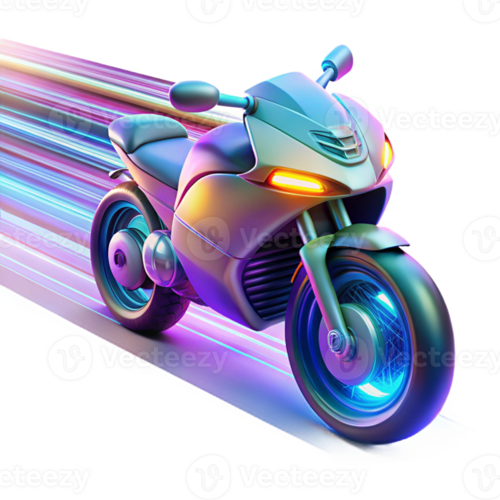 wonderful abstract vibrant modern A futuristic motorbike speeding through a digital landscape, trails of light and data streaming behind it, vibrant neon colors, cyberpunk style exclusive detailed png