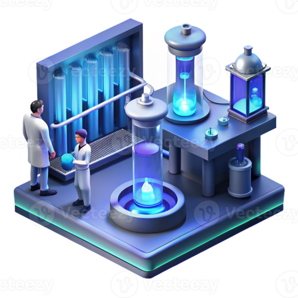 dramatic rustic impressive rustic A futuristic laboratory filled with glowing test tubes and complex machinery, scientists working in the background, dimly lit by cool blue light premium genuine png