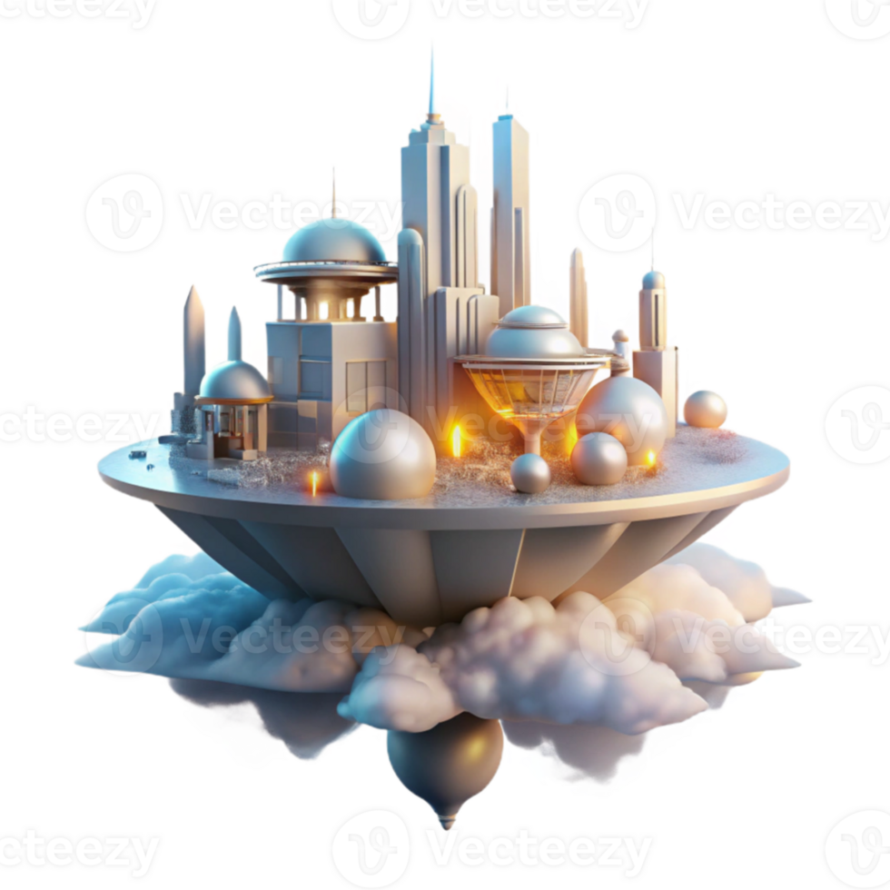 impressive rustic elegant rustic A floating city in the clouds, futuristic architecture and glowing lights, viewed from below, dreamy and ethereal style genuine high resolution png