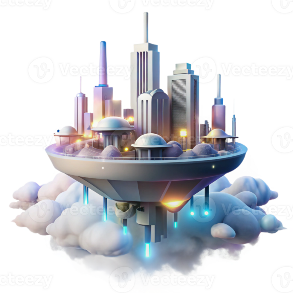 dramatic contemporary impressive artistic A floating city in the clouds, futuristic architecture and glowing lights, viewed from below, dreamy and ethereal style exclusive authentic png