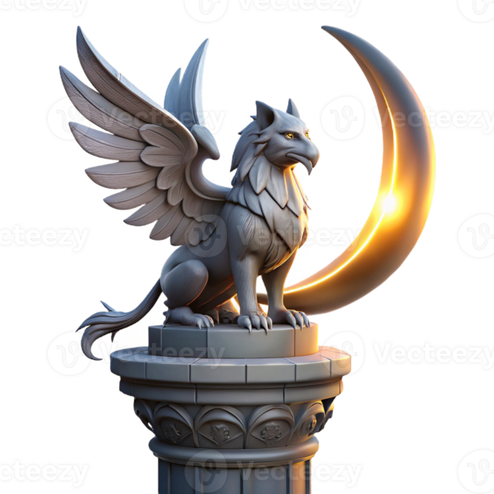 magnificent abstract wonderful traditional A majestic griffin perched atop a crumbling obsidian tower, illuminated by the ethereal glow of a triple moon, Art Nouveau style detailed professional png