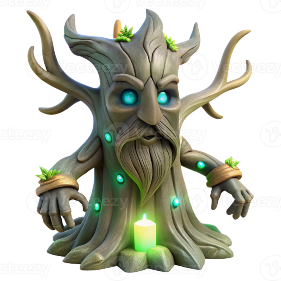magnificent modern beautiful abstract An ancient, gnarled tree spirit with glowing runes carved into its bark, mystical forest setting, soft lighting high resolution detailed png