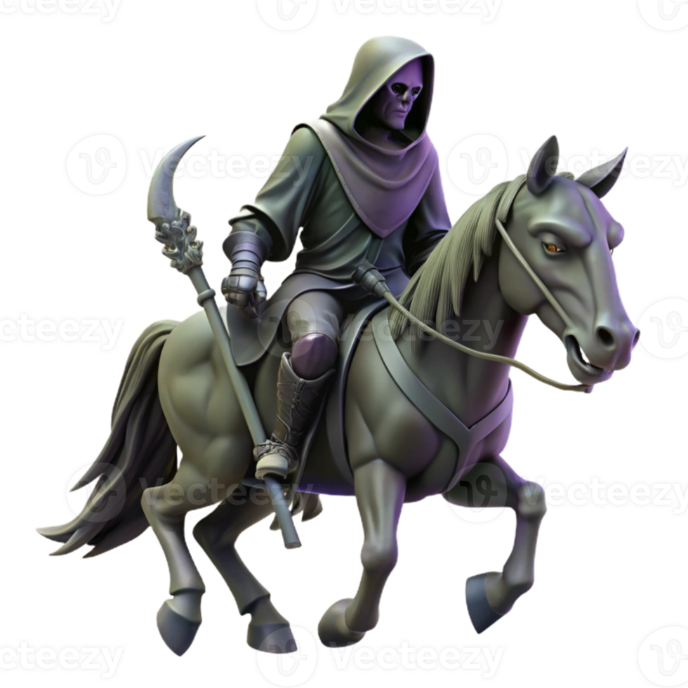 serene rustic impressive minimalist A mysterious, hooded figure riding a skeletal steed through a desolate wasteland, ominous lighting, dark fantasy art premium professional png