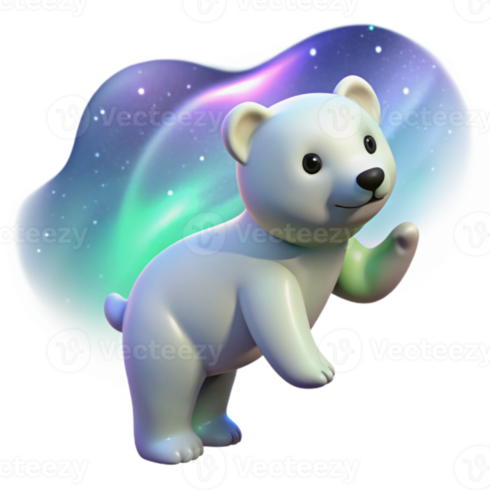 wonderful creative beautiful modern A polar bear cub playfully batting at a glowing aurora borealis in the night sky, soft pastel colors, dreamlike, children's book illustration style detailed... png