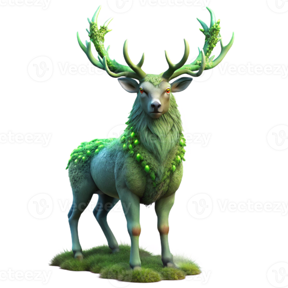 elegant traditional wonderful vintage A majestic stag with enormous antlers, covered in glowing moss, standing in a dark forest, ethereal, fantasy art style professional detailed png