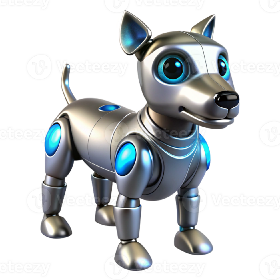serene artistic beautiful contemporary A futuristic robotic dog, sleek chrome design, glowing blue eyes, cyberpunk style high quality 4K png