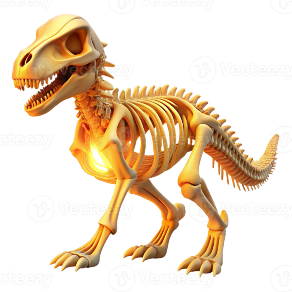 magnificent artistic impressive vintage An intricate, skeletal dinosaur fossil, lit dramatically from below, museum exhibit style professional 4K png