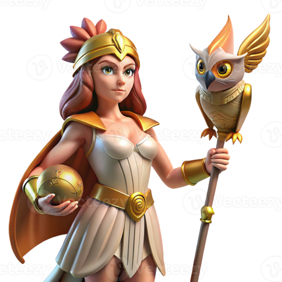 serene abstract extraordinary abstract Athena, goddess of wisdom, stands in a dynamic pose, clad in bronze armor, a gleaming spear in her hand, a majestic owl perched on her shoulder, vibrant... png
