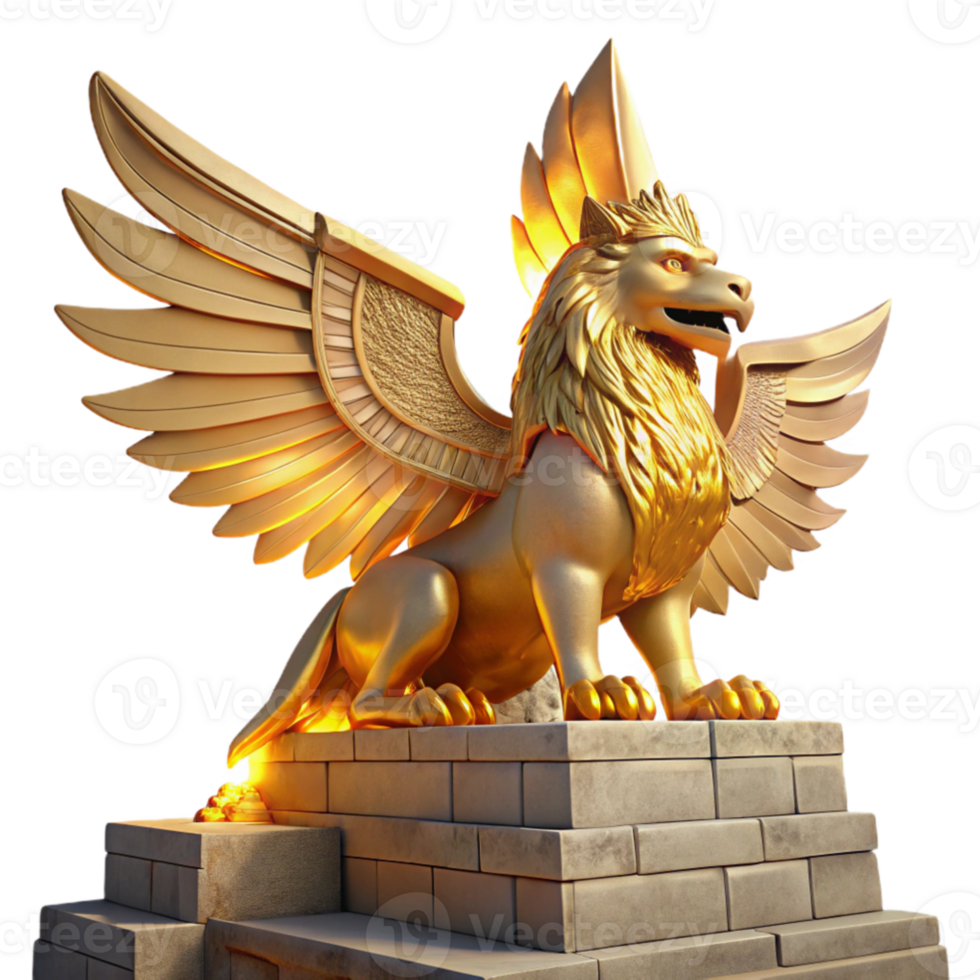 extraordinary minimalist impressive contemporary A majestic griffin perched atop a crumbling ziggurat, bathed in the golden light of a setting sun, feathers shimmering with iridescent hues,... png