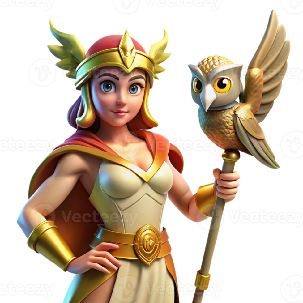 stunning minimalist vibrant abstract Athena, goddess of wisdom, stands in a dynamic pose, clad in bronze armor, a gleaming spear in her hand, a majestic owl perched on her shoulder, vibrant... png