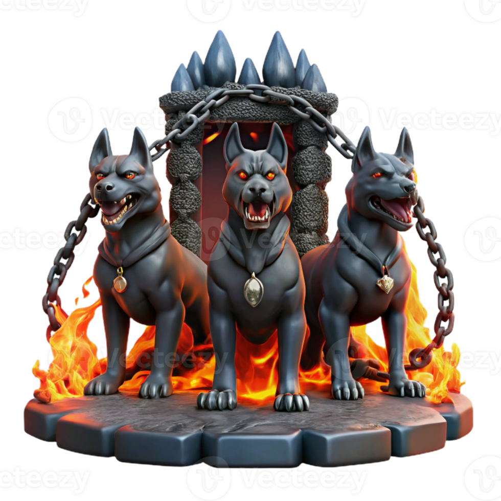extraordinary modern extraordinary modern A three-headed Cerberus guards the gates of the underworld, glowing lava flows and swirling smoke fill the air, chains made of blackened iron restrain the... png