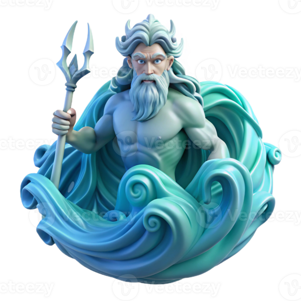 extraordinary creative wonderful minimalist Poseidon, god of the sea, emerges from a swirling vortex of water, his trident dripping with luminescent algae, his beard and hair formed from flowing... png