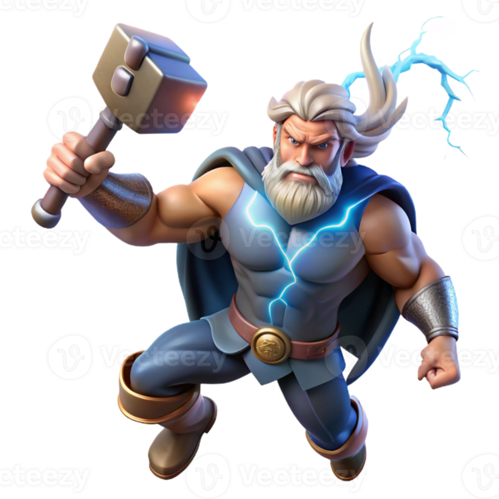 stunning minimalist magnificent creative Thor, the Norse god of thunder, hurls Mjolnir across a stormy sky, crackling lightning illuminates his muscular form, runes etched onto his hammer, epic... png