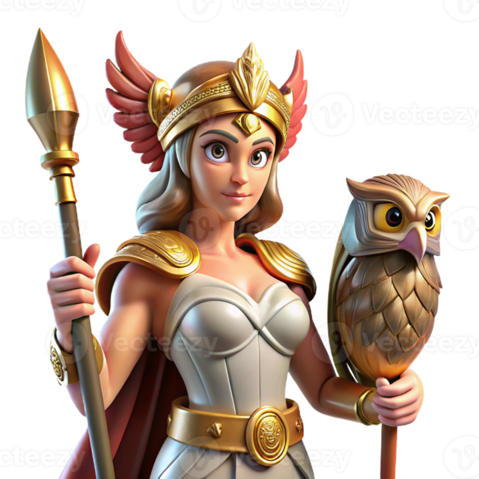 serene vintage impressive creative Athena, goddess of wisdom, stands in a dynamic pose, clad in bronze armor, a gleaming spear in her hand, a majestic owl perched on her shoulder, vibrant colors,... png