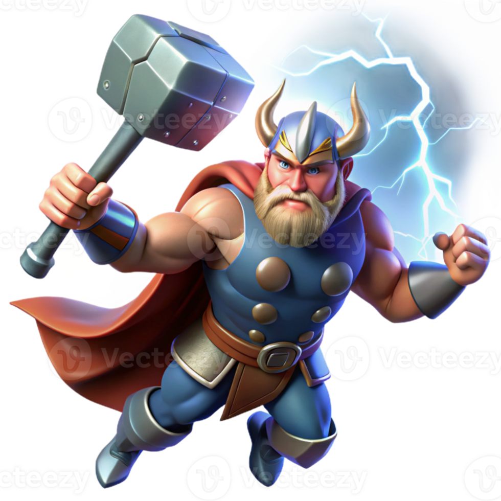 magnificent contemporary beautiful artistic Thor, the Norse god of thunder, hurls Mjolnir across a stormy sky, crackling lightning illuminates his muscular form, runes etched onto his hammer, epic... png