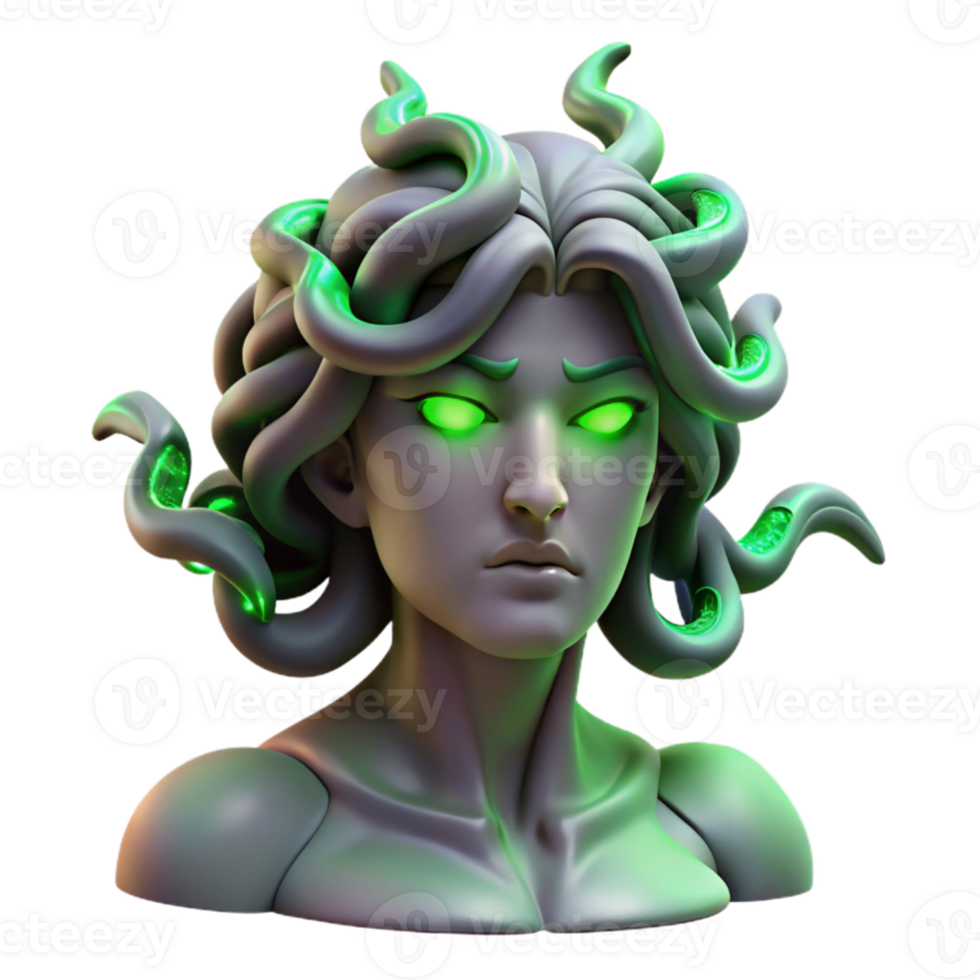 impressive minimalist wonderful abstract Medusa, with snakes writhing in place of hair, turns a warrior to stone, her eyes glow with venomous green light, cracked marble texture on the statue,... png