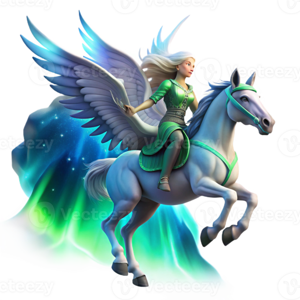 vibrant contemporary beautiful vintage A fierce Valkyrie rides a winged horse through a celestial battlefield, northern lights illuminate the scene, the horse's mane and tail flow like cosmic... png