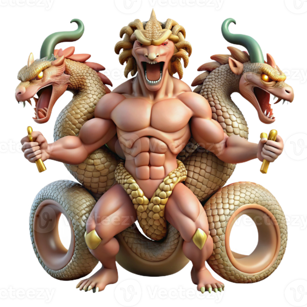 extraordinary abstract stunning classic The hydra, a multi-headed serpent, battles Heracles in a sun-drenched Greek amphitheater, detailed scales and muscular anatomy, classical style premium original png