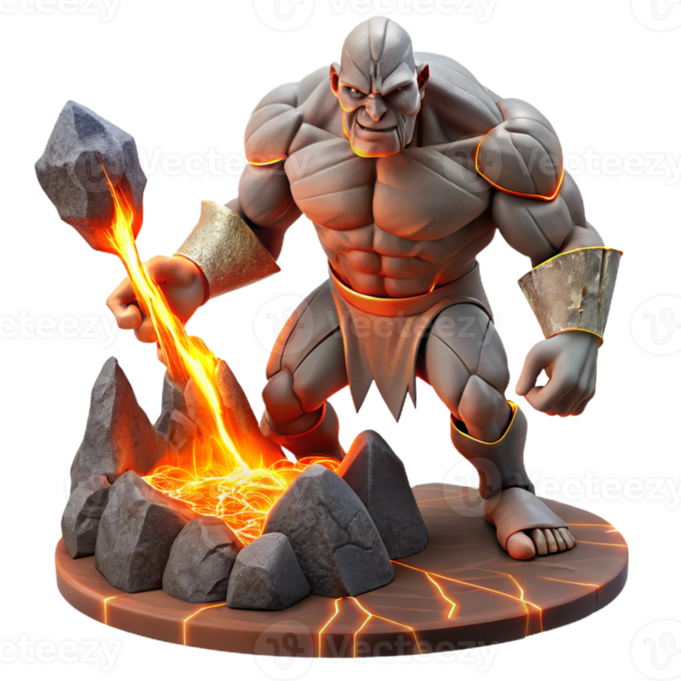wonderful modern wonderful creative A towering cyclops forges a lightning bolt in his volcanic lair, molten metal glows intensely, rugged texture on the cyclops' skin, dark fantasy style authentic... png