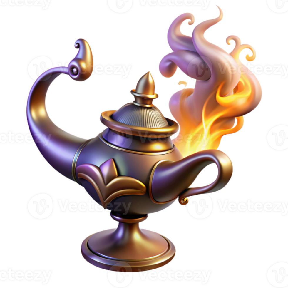 wonderful abstract extraordinary vintage A powerful djinn emerges from a ornate lamp, swirling smoke and glowing embers fill the air, intricate Arabic calligraphy adorns the lamp, orientalist... png