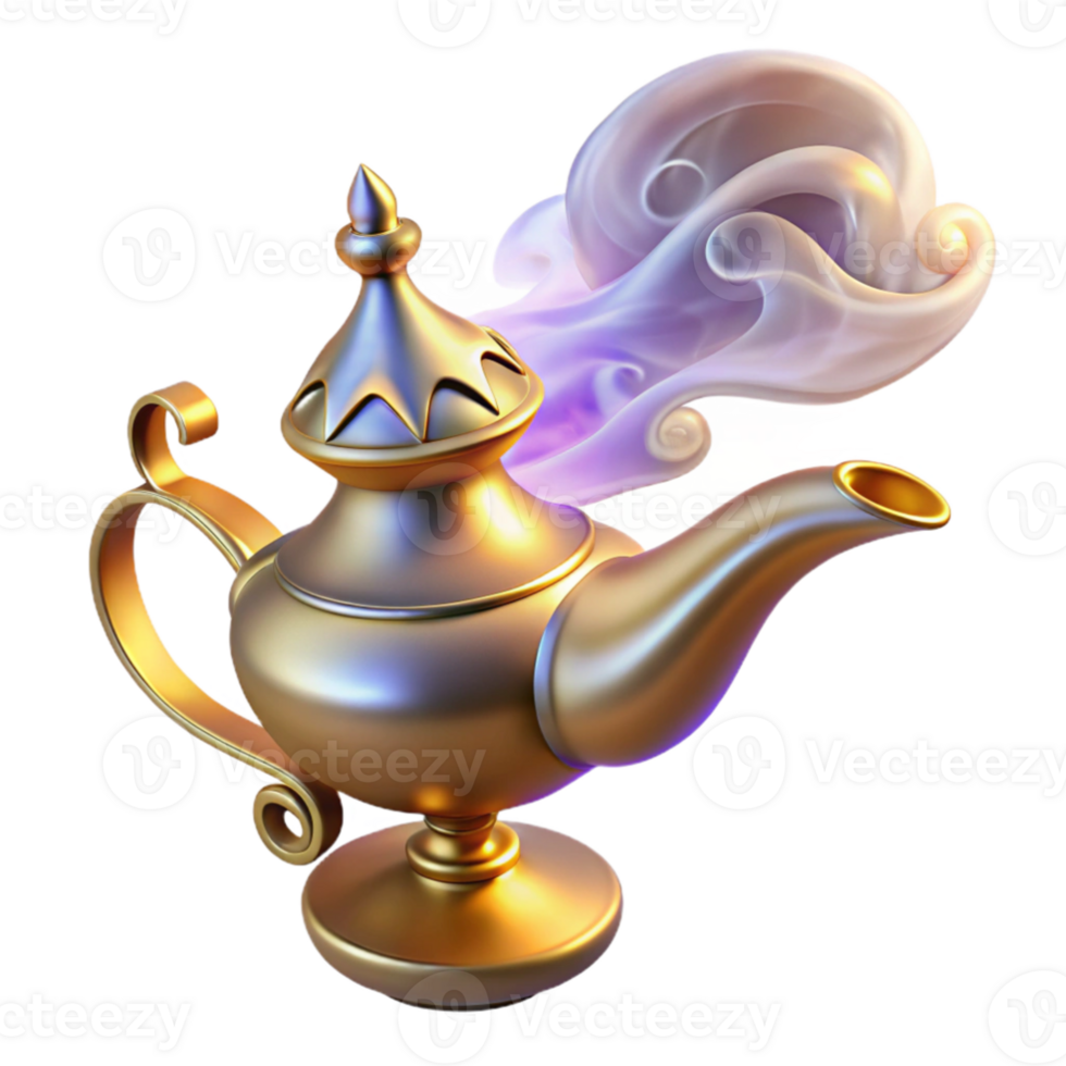 wonderful creative magnificent classic A powerful djinn emerges from a ornate lamp, swirling smoke and glowing embers fill the air, intricate Arabic calligraphy adorns the lamp, orientalist style... png
