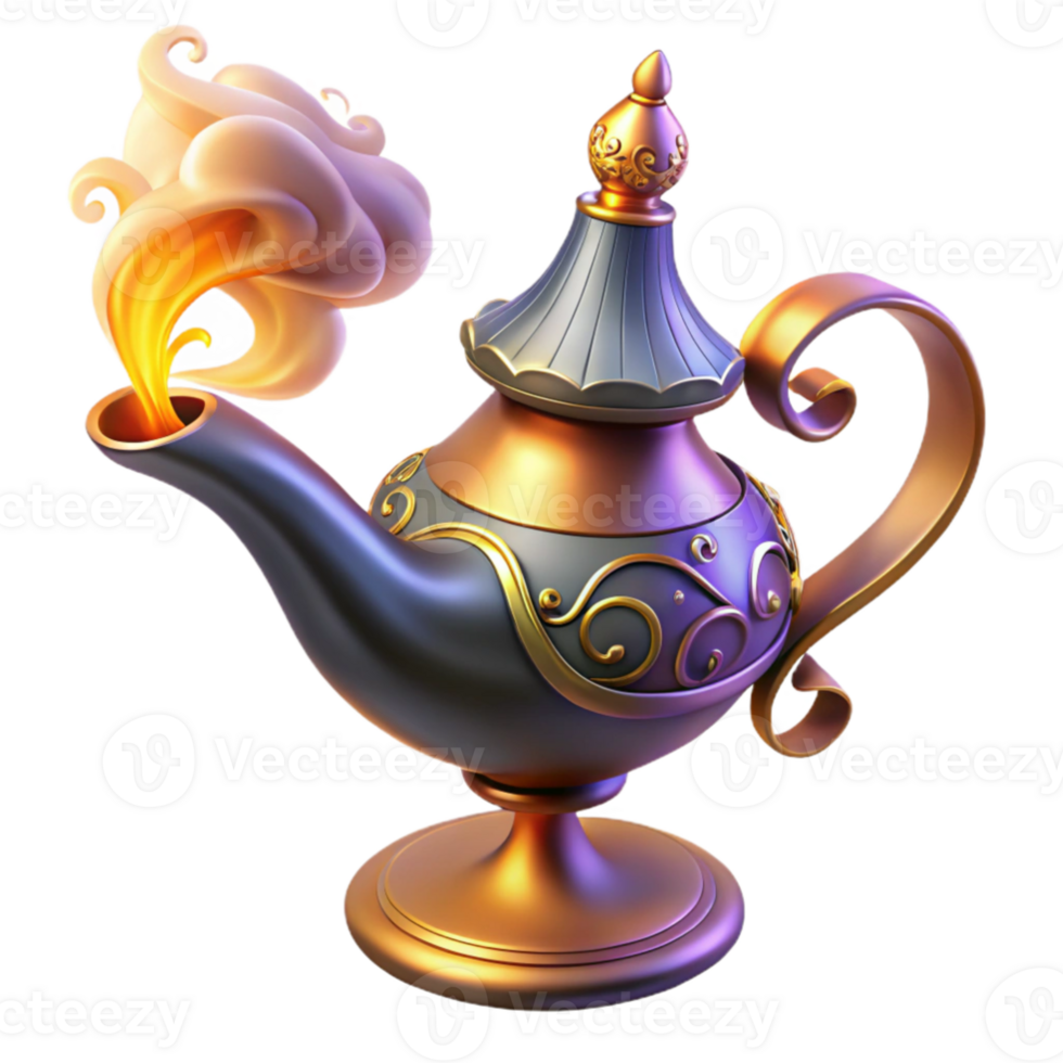 elegant abstract serene rustic A powerful djinn emerges from a ornate lamp, swirling smoke and glowing embers fill the air, intricate Arabic calligraphy adorns the lamp, orientalist style... png