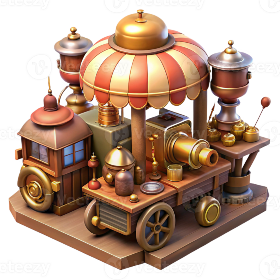 magnificent artistic impressive traditional A bustling steampunk marketplace, filled with vendors selling bizarre gadgets and contraptions, warm, diffused light, vibrant colors, painterly style... png