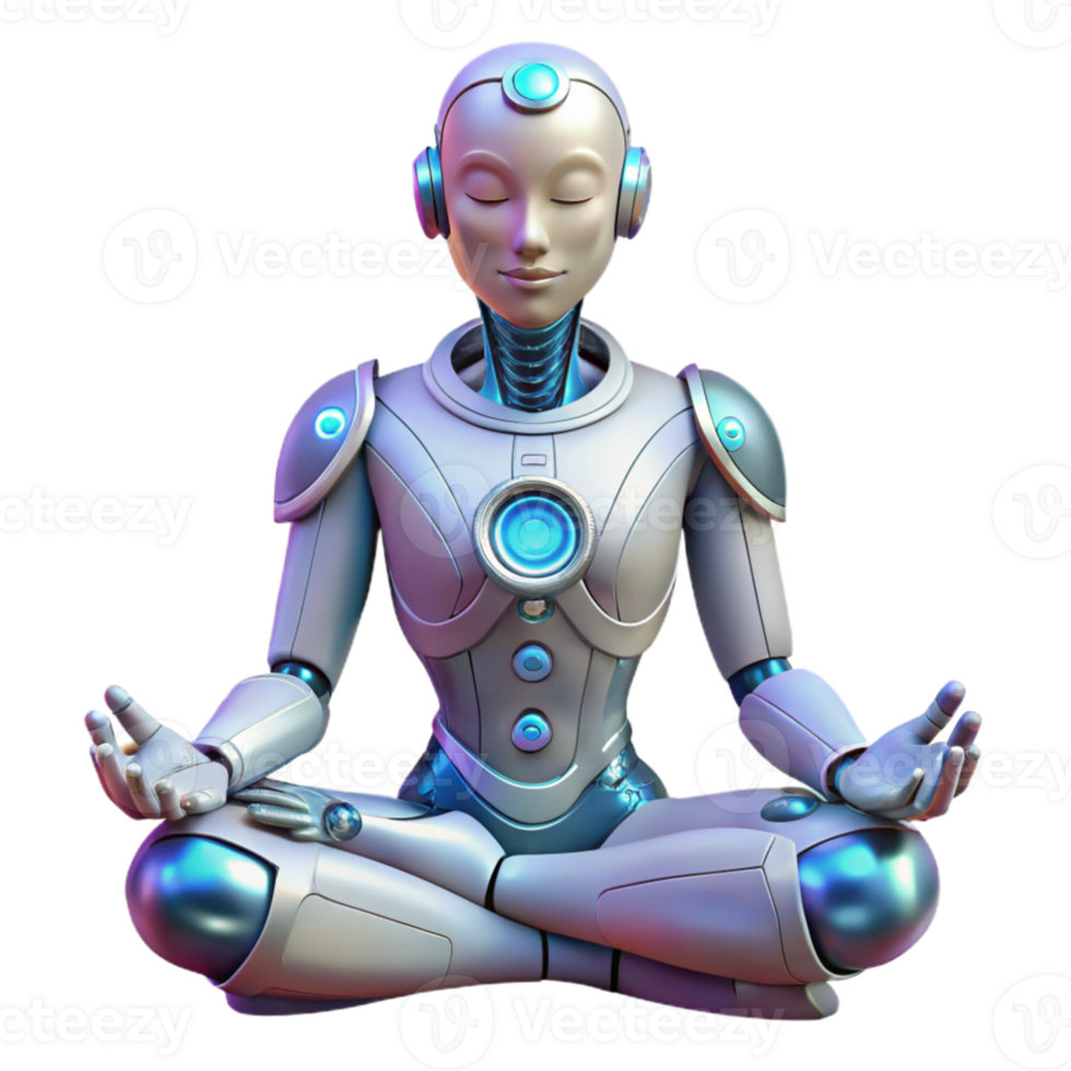 elegant artistic serene modern A cyborg with intricate mechanical augmentations, meditating amidst the ruins of an ancient temple, soft, ethereal lighting, surreal style high resolution premium png