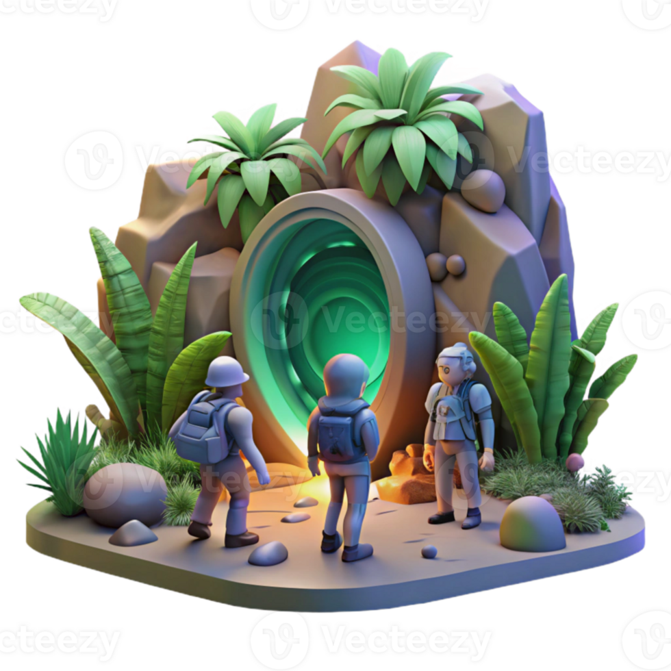 magnificent abstract stunning artistic A group of explorers discovering a hidden portal in a dense alien jungle, dappled sunlight and shadows, fantasy art style original high resolution png