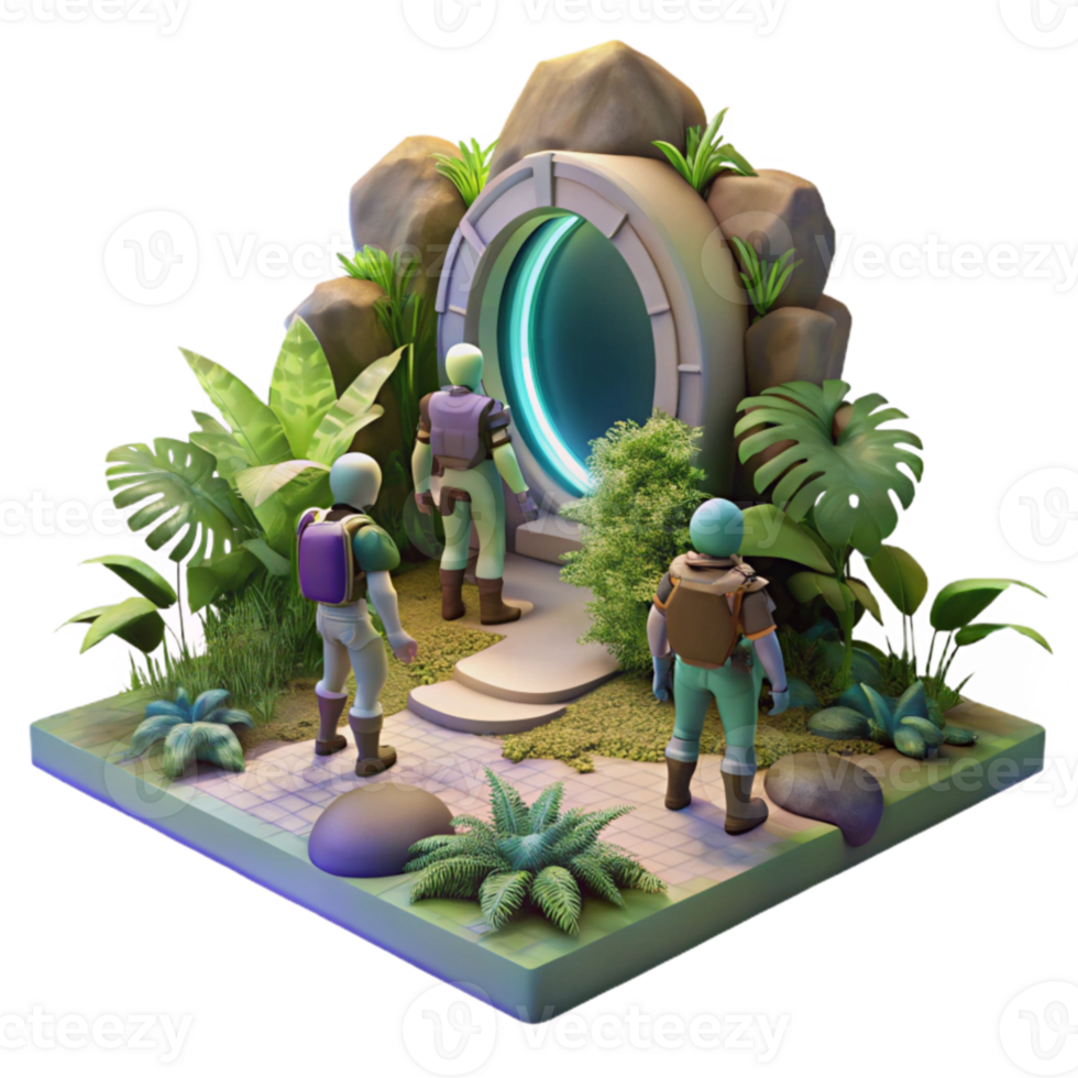 stunning contemporary beautiful classic A group of explorers discovering a hidden portal in a dense alien jungle, dappled sunlight and shadows, fantasy art style 4K 4K png