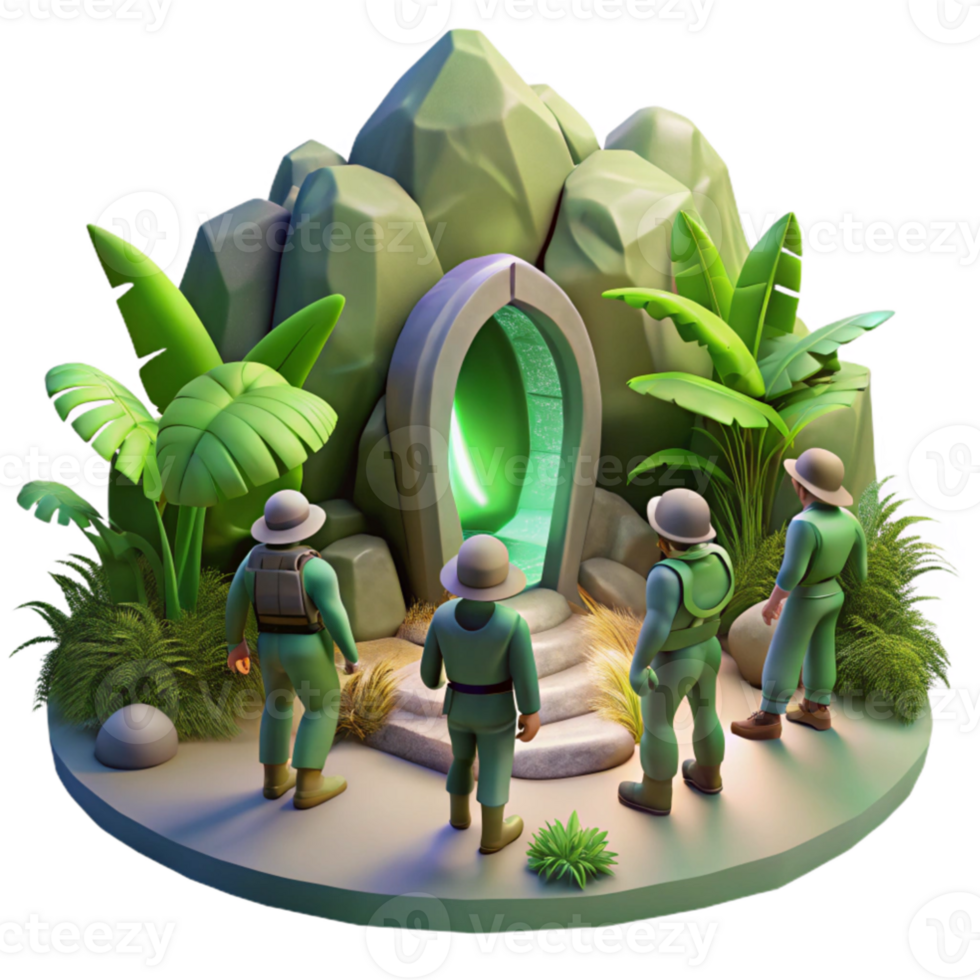 wonderful modern elegant vintage A group of explorers discovering a hidden portal in a dense alien jungle, dappled sunlight and shadows, fantasy art style genuine high quality png