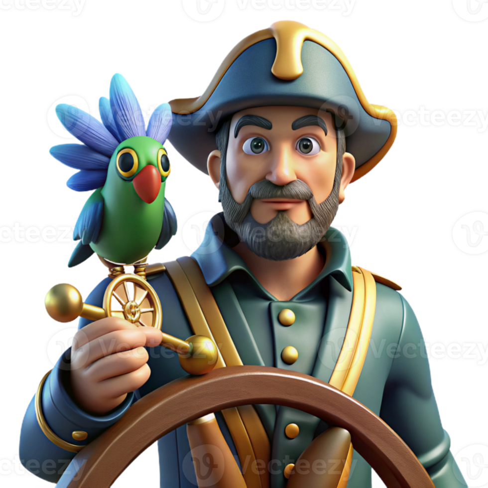 magnificent classic wonderful traditional A space pirate captain with a cybernetic parrot perched on their shoulder, standing at the helm of their ship, dramatic rim lighting, digital painting... png