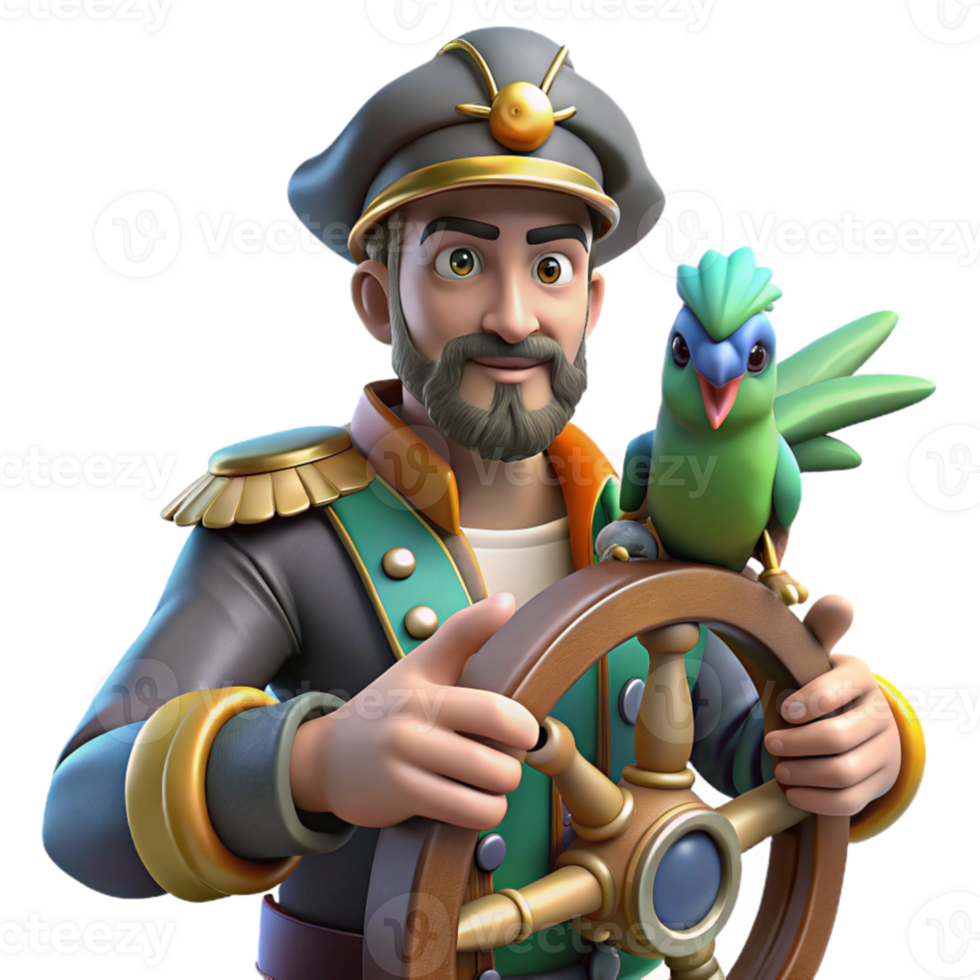 vibrant vintage impressive contemporary A space pirate captain with a cybernetic parrot perched on their shoulder, standing at the helm of their ship, dramatic rim lighting, digital painting style... png
