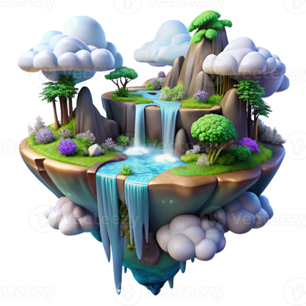 impressive abstract stunning minimalist A floating island with waterfalls cascading into the clouds, vibrant colors and lush vegetation, dreamlike lighting, fantasy art style exclusive premium png