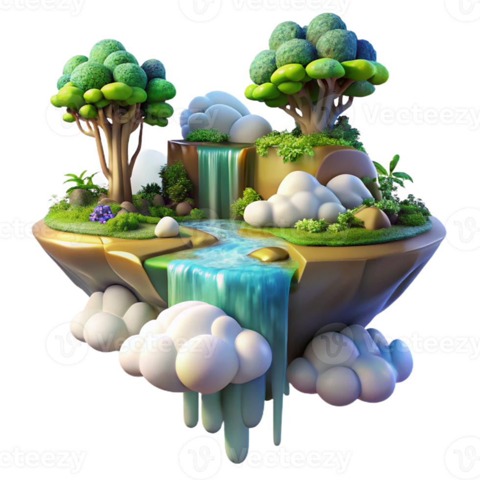 stunning artistic beautiful rustic A floating island with waterfalls cascading into the clouds, vibrant colors and lush vegetation, dreamlike lighting, fantasy art style exclusive exclusive png