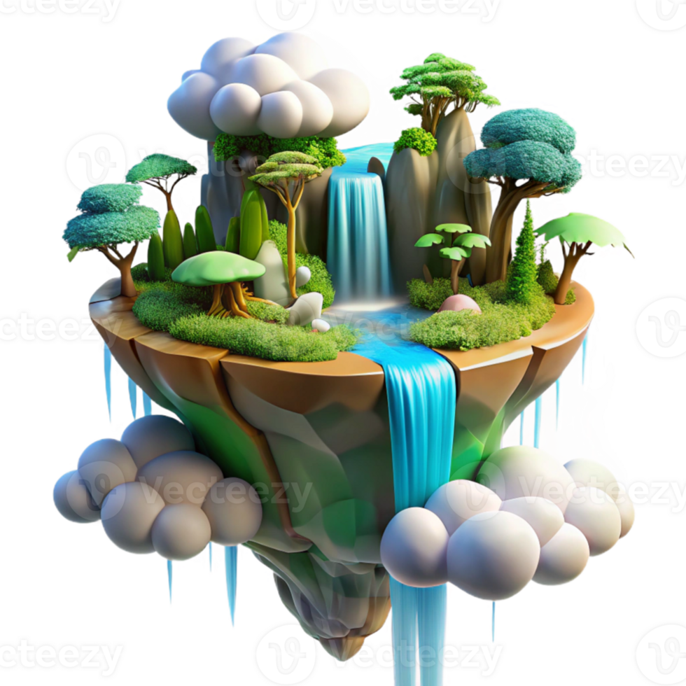 stunning vintage beautiful vintage A floating island with waterfalls cascading into the clouds, vibrant colors and lush vegetation, dreamlike lighting, fantasy art style genuine original png